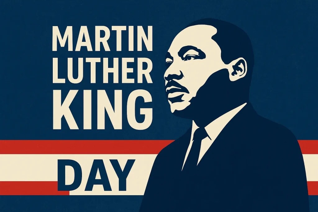 Portrait of Martin Luther King Jr. with a patriotic red, white, and blue background, honoring Martin Luther King Day — When Is Martin Luther King Jr Day 2026?