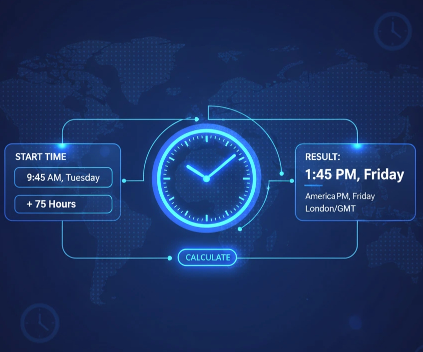 Digital graphic showing how the time calculator adds 75 hours to a start time (9:45 AM, Tuesday) to find the exact result (1:45 PM, Friday, London/GMT).