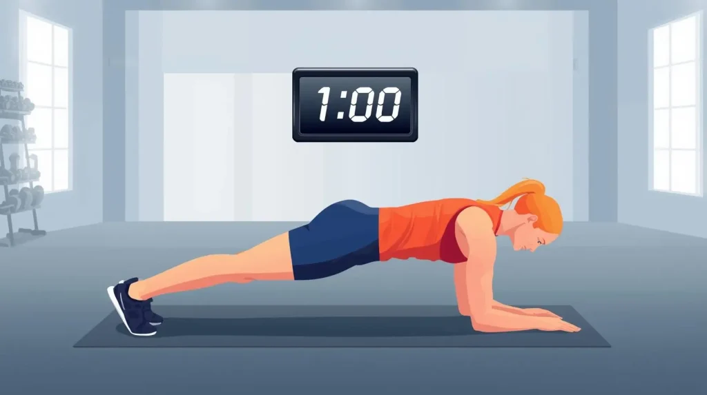 Person doing plank exercise with 1 minute timer for proper workout duration