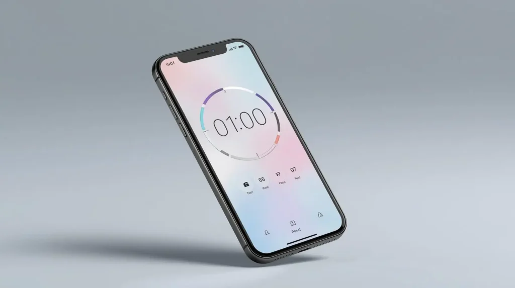 Mobile phone displaying 1 minute timer app interface with start and reset buttons