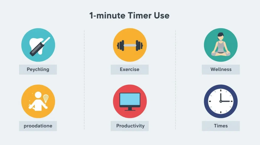nfographic showing six common uses for a 1 minute timer including health, fitness and productivity