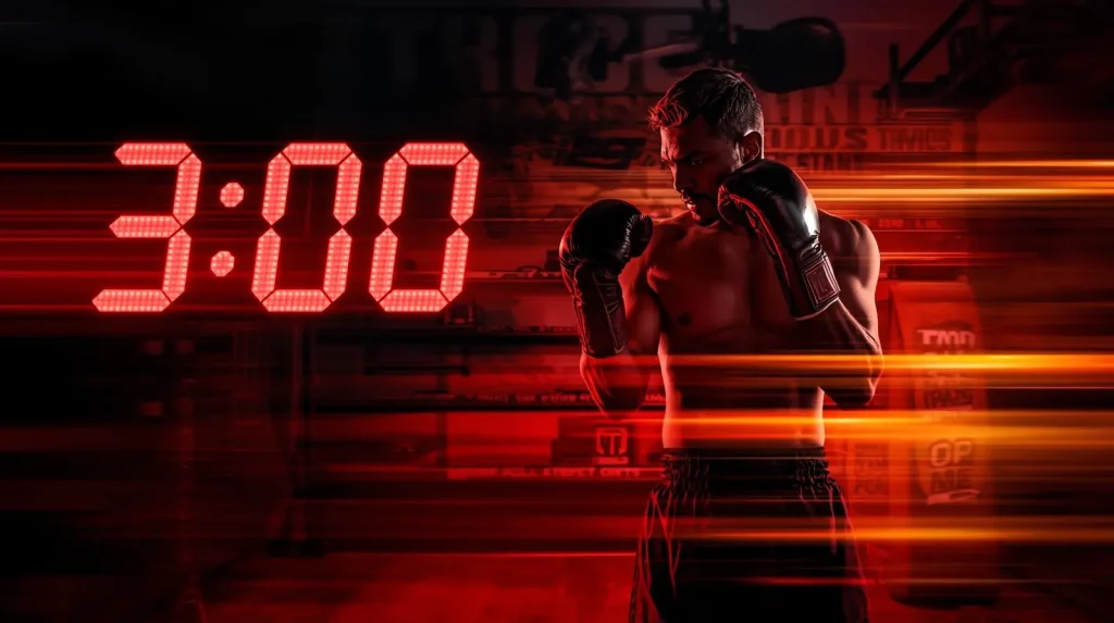 Boxing training timer showing 3 minute round with athlete in fighting stance