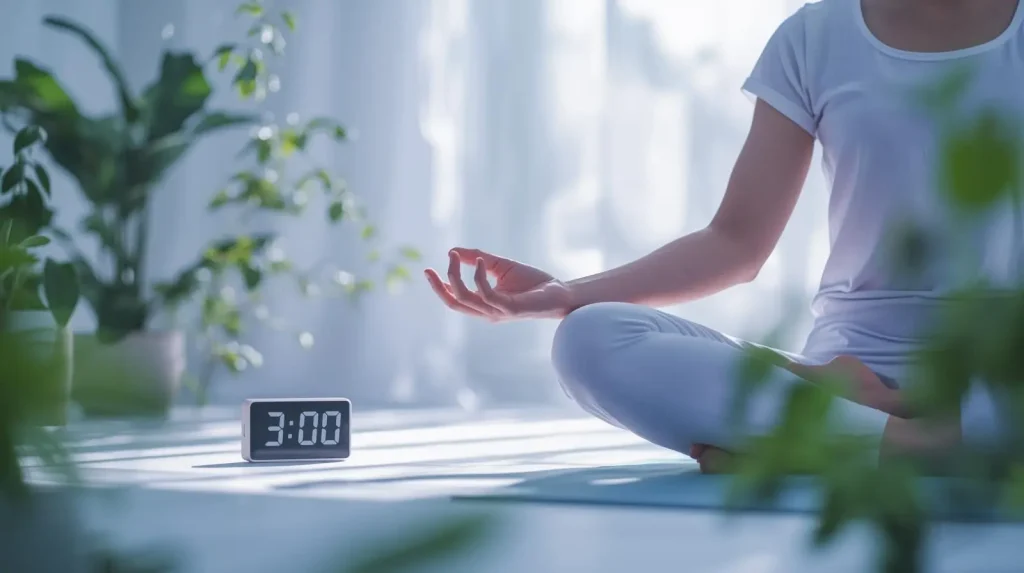 Person meditating peacefully with 3 minute timer display in serene wellness setting