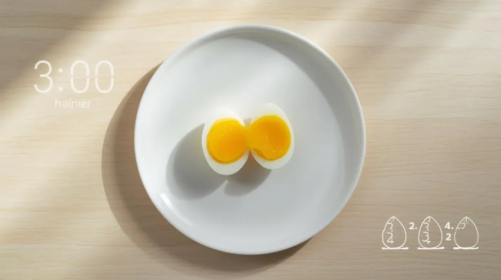 Cross-section of perfect 3 minute soft-boiled egg showing liquid yolk and set white