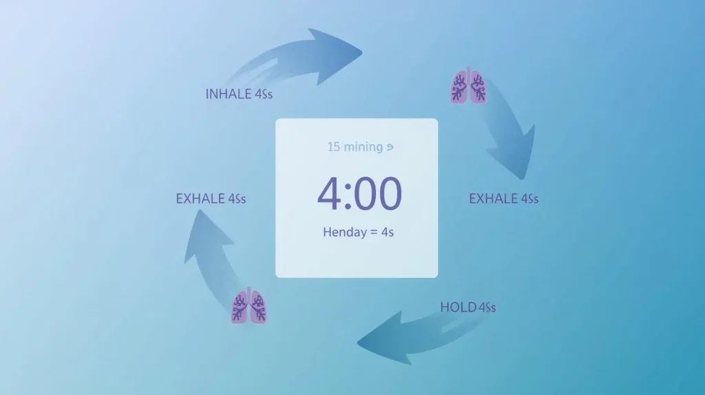 Box breathing diagram showing 4-4-4-4 pattern for 15 cycles totaling 4 minutes