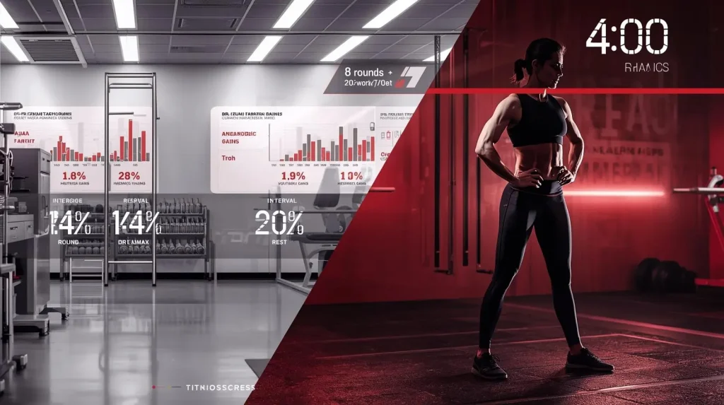 4 minute Tabata timer showing 20-10 interval structure with athlete performing high-intensity exercise