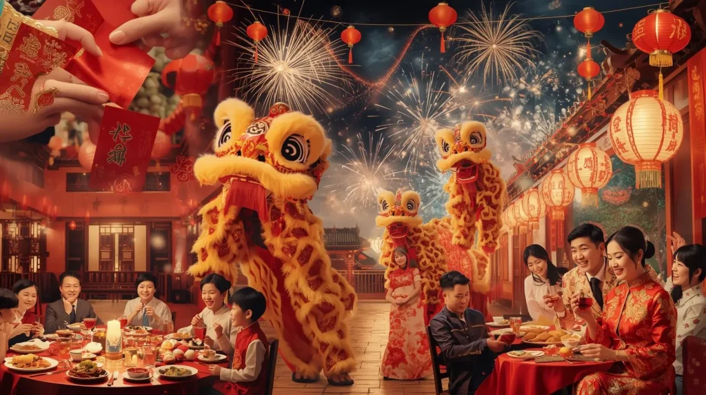 When Is Chinese New Year 2026? | Date, Day & Countdown 4 Traditional Chinese New Year celebrations including red envelopes, lion dance, family dinner and fireworks for Spring Festival 2026