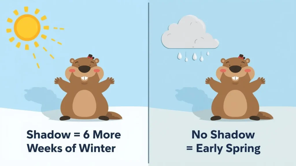 Groundhog Day shadow meaning - shadow equals 6 more weeks of winter, no shadow means early spring