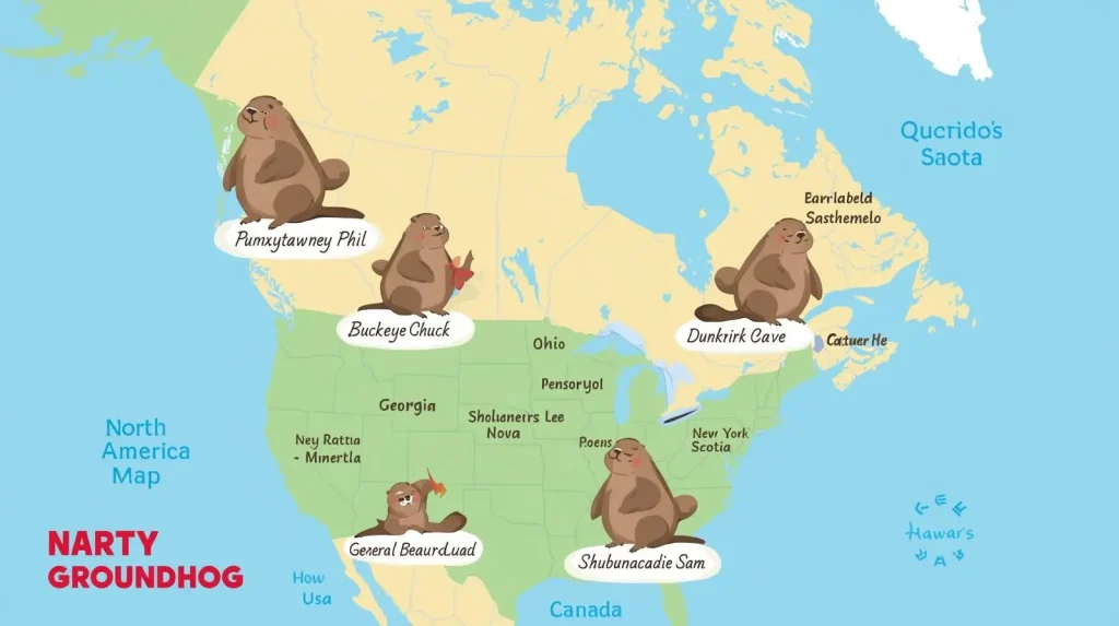 Map showing locations of famous weather-predicting groundhogs across North America