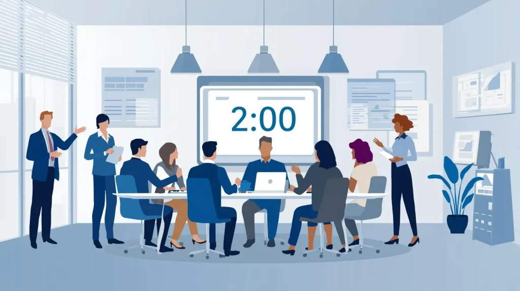 2 Minute Timer – The Sweet Spot for Quick Wins & Daily Habits 8 Professional business meeting using 2 minute timer for stand-ups and elevator pitches