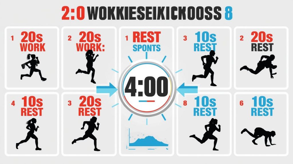 8-round Tabata protocol demonstration showing 20 second work and 10 second rest intervals